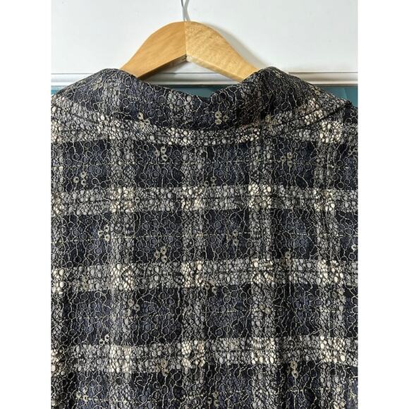 CHICO'S Black Tan Plaid Gold Lace Overlay 3/4 Sleeve Blazer Jacket Size 2 LARGE - Picture 13 of 15